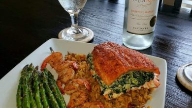 Photo of Stuffed Salmon Over Rice and Grilled Asparagus